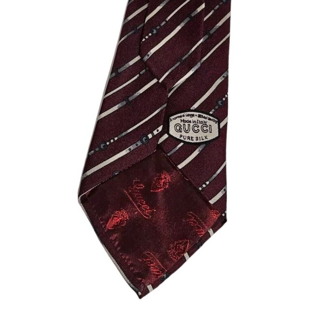 GUCCI Men's 100% Silk Necktie LUXURY Tie Burgundy Belts Logo W:3.6" EUC - Picture 4 of 4